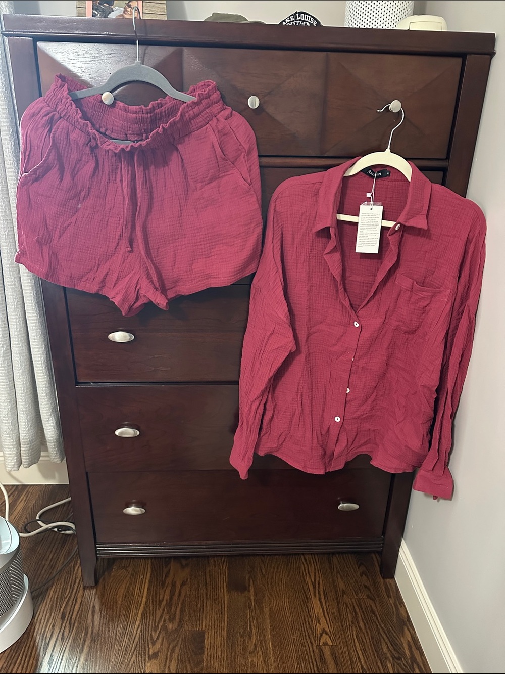 Women's Burgundy Gauze Button-Down Shirt and Shorts Set